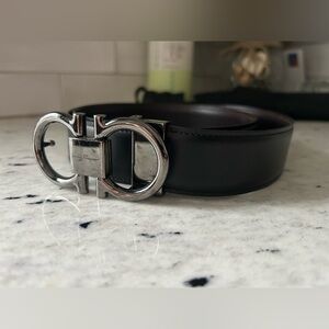 Salvatore Ferragamo Black Leather Belt with Silver Gancini Buckle